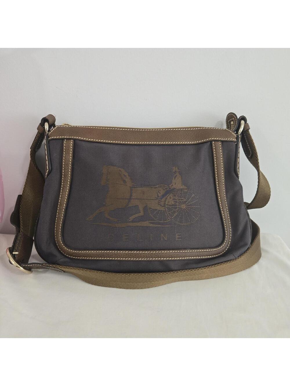 Vintage Celine Canvas Leather Trim Shoulder Bag Horse Carriage Logo Gray Brown
